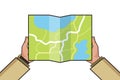 Hands holding paper map. Folded map in hands of men. Tourist look at map. Vector Illustration in flat design. Travel banner. Royalty Free Stock Photo