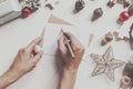Hands holding pencil and writing a letter to santa claus with sp Royalty Free Stock Photo