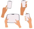 Hands holding phone, tablet, smartphone. Set of different gestures. Phone in hand. Vector illustration Royalty Free Stock Photo