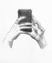 Hands Holding Phone Texting or Calling Pencil Drawing