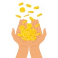 Hands holding a pile of coins falling from above, icon flat finance heap, fall dollar coin pile. Golden money lying on Royalty Free Stock Photo