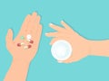 Hands holding pills vector illustration. Taking pill or medicine concept. Health care with take tablets.