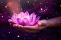 hands holding pink lotus flower, generative AI Royalty Free Stock Photo