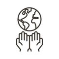 Hands holding planet earth globe vector thin line icon. Minimal illustration for concepts of environment awareness, ecology,