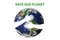 Hands holding planet Earth on white background, environmental concept, elements of this image furnished by NASA