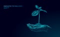 Hands holding plant sprout ecological abstract concept. 3D render seedling tree leaves. Save planet nature environment