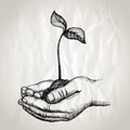 Hands holding plant sprout graphic illustration