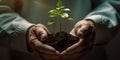 hands holding planting the seedlings into the soil over nature on green background