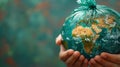 Hands Holding a Plastic-Wrapped Earth on Green Background Royalty Free Stock Photo
