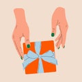 Hands holding present box decorated with bow vector illustration.