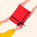 Hands holding present box decorated with bow vector illustration.