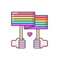 Hands holding pride parade placard RGB color icon