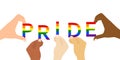 Hands holding pride word on white background
