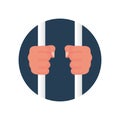 Hands holding prison bars, cartoon icon. Criminal man behind bars. Royalty Free Stock Photo