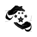 Hands holding a product ratings five stars, premium icon flat logo in black on isolated white background. EPS 10 vector