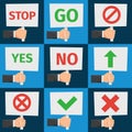 Hands holding protest sign and approval signs in flat style vector