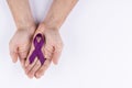 Hands holding purple ribbon. White background