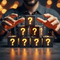 Hands holding question mark blocks question marks cubes Royalty Free Stock Photo