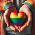 Hands holding a rainbow colored heart in palms