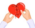 Hands holding red broken and sewn heart. Background for Valentine\'s Day, print vector