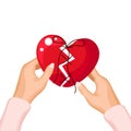 Hands holding red broken and sewn heart. Background for Valentine\'s Day, print vector