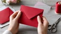 Hands holding red envelope on wooden table with scissors Royalty Free Stock Photo