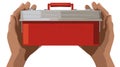 Hands holding a red metal toolbox, tools container, DIY and repair concept Royalty Free Stock Photo
