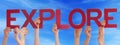 Hands Holding Red Straight Word Expolre Blue Sky Royalty Free Stock Photo