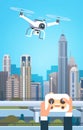 Hands Holding Remote Controller For Modern Drone Fly Over City Buildings Royalty Free Stock Photo