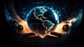 Hands holding a round globe, the background is filled with a combination of technology and global awareness. The 3D model Royalty Free Stock Photo