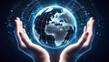 Hands holding a round globe, the background is filled with a combination of technology and global awareness. The 3D model Royalty Free Stock Photo