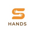 Hands holding S letter logo template. Creative symbol for branding. Isolated vector icon with concept of people, help