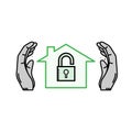 hands holding secured home and padlock line icon. Home protection icon concept. Insurance of real estate.