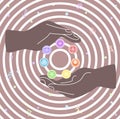 Hands holding seven chakras in the circle. Rainbow mandalas modern vector illustration