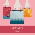 Hands holding shopping bags to promote sales. summer sale