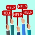 Hands Holding a Signs with the Word Help. Flat Illustration