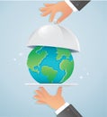 Hands holding silver cloche with earth. world food day vector illustration Royalty Free Stock Photo