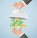 Hands holding silver cloche with money. business concept vector illustration EPS10