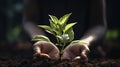 Hands Holding Small Plant in Fertile Soil for Sustainable Growth - Eco-Awareness Concept, Close-Up