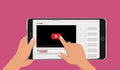 Hands holding smart phone mockup with online video blog screen. Vlog concept. Vector illustration.