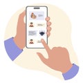 Hands holding smartphone with app displaying online chat interface, potential for background Royalty Free Stock Photo