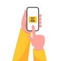 Hands holding smartphone with buy button. Vector illustration.