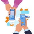 Hands holding smartphone. Cartoon text messaging and content sharing via phones concept. Vector communication app