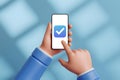 Hands holding a smartphone with a checkmark app icon on a blue background Royalty Free Stock Photo