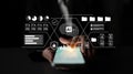 Hands Holding Smartphone with Digital AI Icons and Data Visualization Elements on Dark Background for Technology and Royalty Free Stock Photo