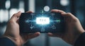 Hands holding smartphone displaying futuristic interface glowing technology digital connection concept Royalty Free Stock Photo