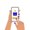 Hands holding smartphone donate money. Charity fundraising, volunteer help, cash fund concept. Vector Illustration Royalty Free Stock Photo
