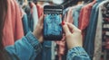 Hands holding a smartphone in front of a rack of clothes, taking a photo of a denim jacket. The image captures the Royalty Free Stock Photo