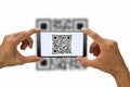 Hands holding smartphone scanning QR code on white background