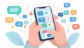 Hands Holding Smartphone with Social Media Messaging App Interface Showing Multiple Chat Bubbles and Notifications in Modern